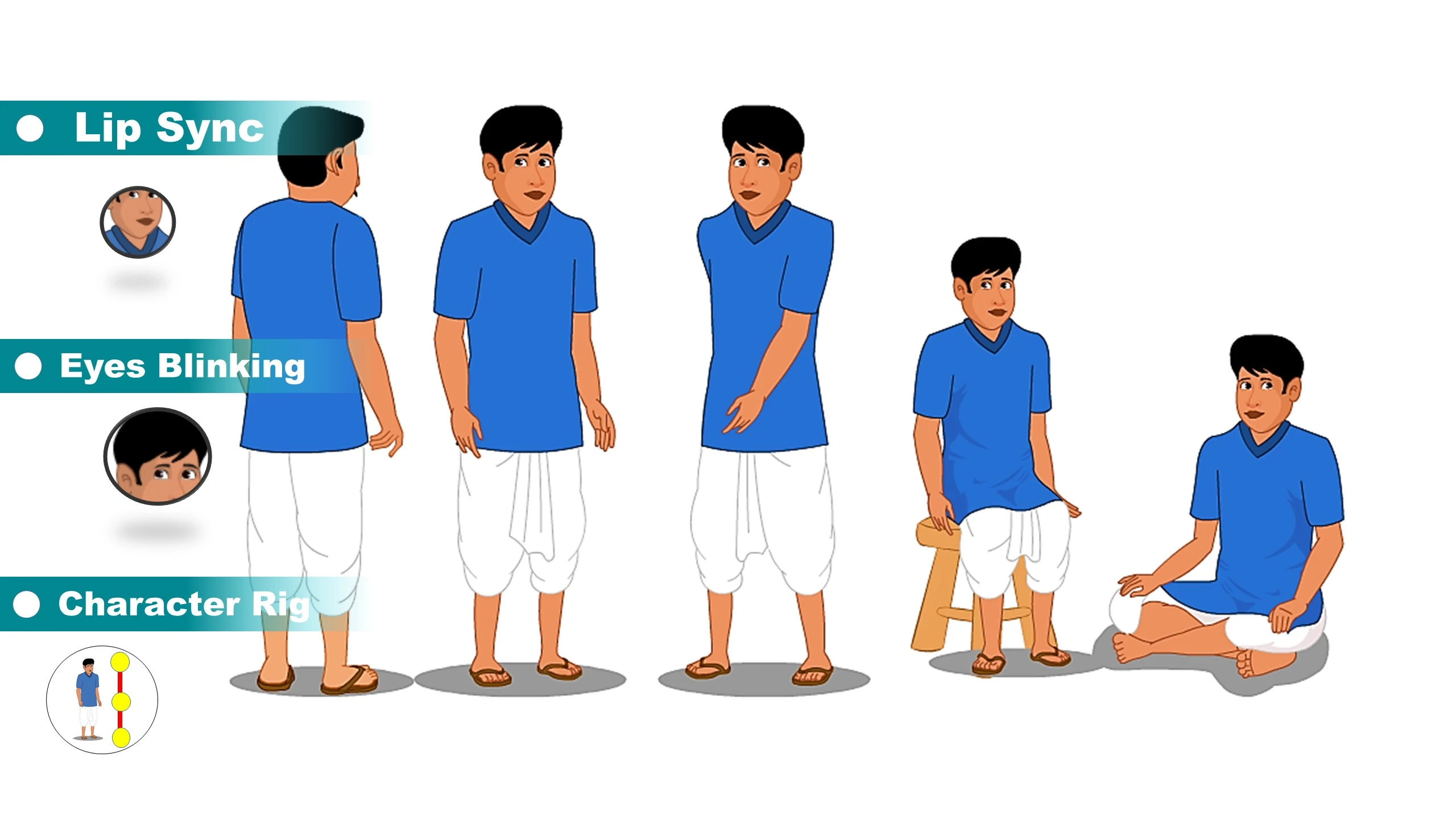 Young Indian Man Cartoon Character for Adobe Animate CC – Blue Kurta White Dhoti |