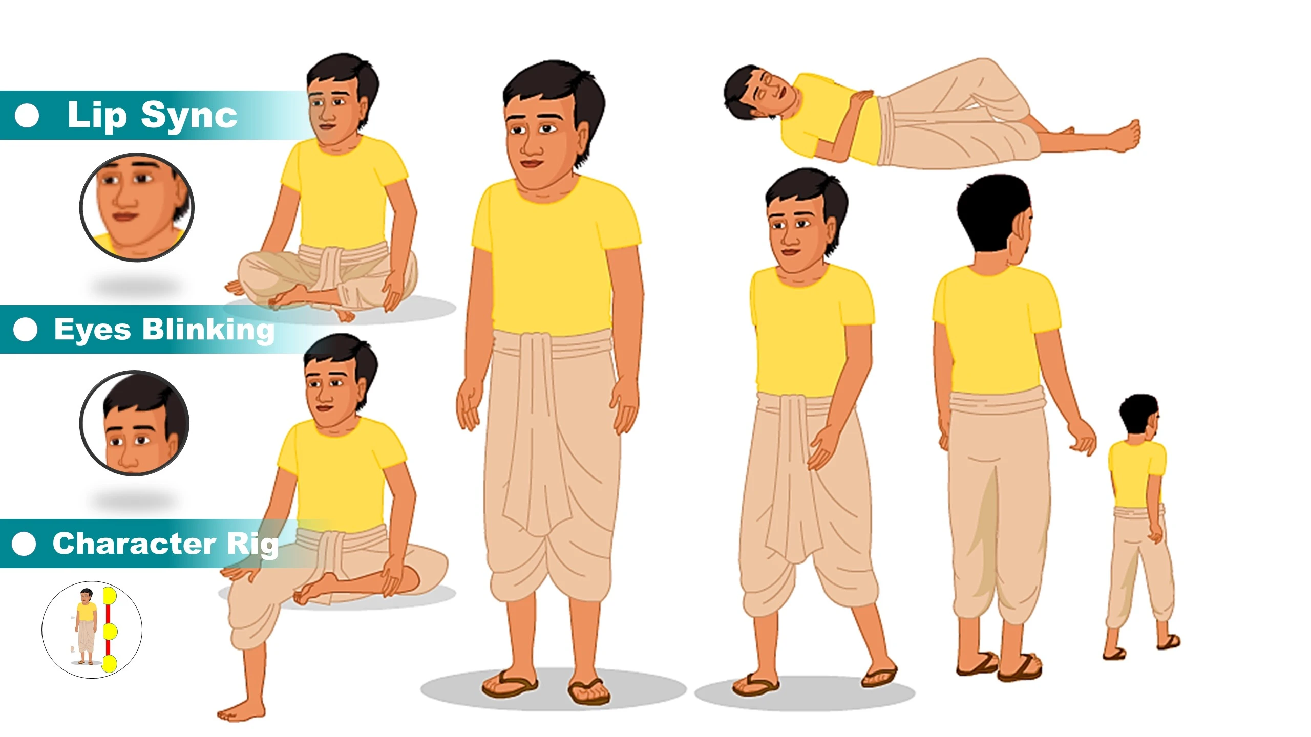 Adobe Animate CC Indian Farmer Character – Male Farmer in Yellow T-Shirt & Dhoti | FLA Cartoon Character