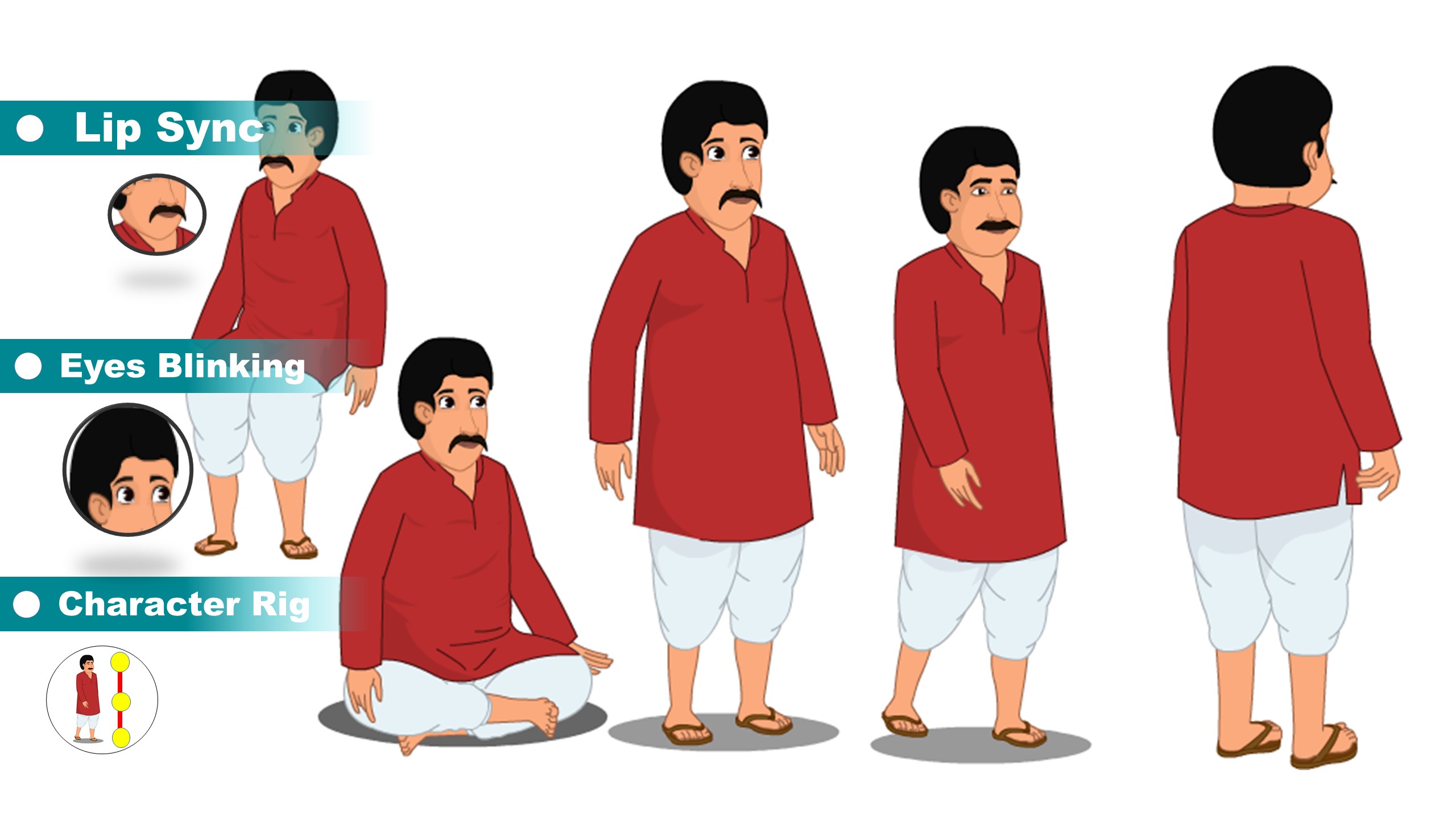 Indian Farmer Cartoon Character for Adobe Animate CC | Red Kurta & Dhoti Rigged Character