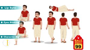 Indian Farmer Cartoon Character in Red T-Shirt & Dhoti – Adobe Animate CC Multipose Rigging Character