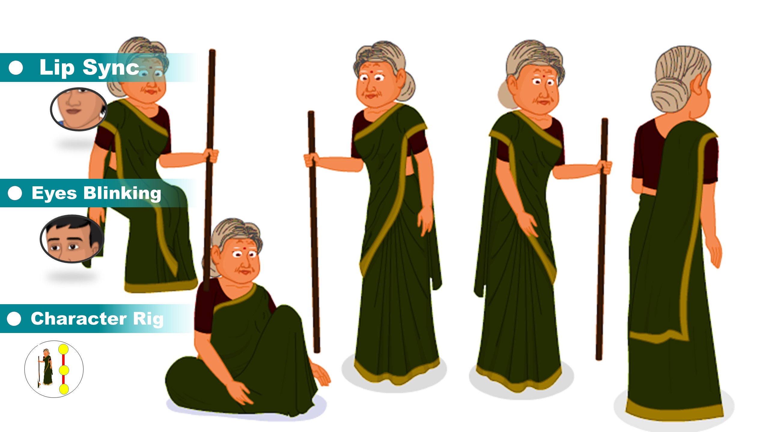 Indian Old Woman Adobe Animate CC Character | Saree Rigged 2D Animation Character Download