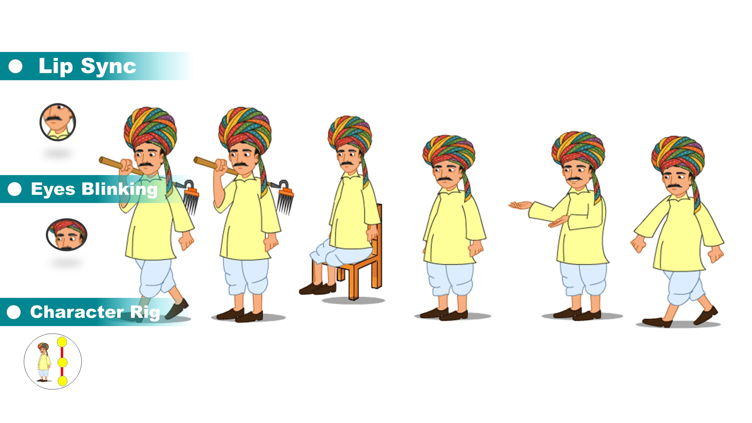 Indian Farmer Cartoon Character for Adobe Animate CC | Multipose Rigged Character