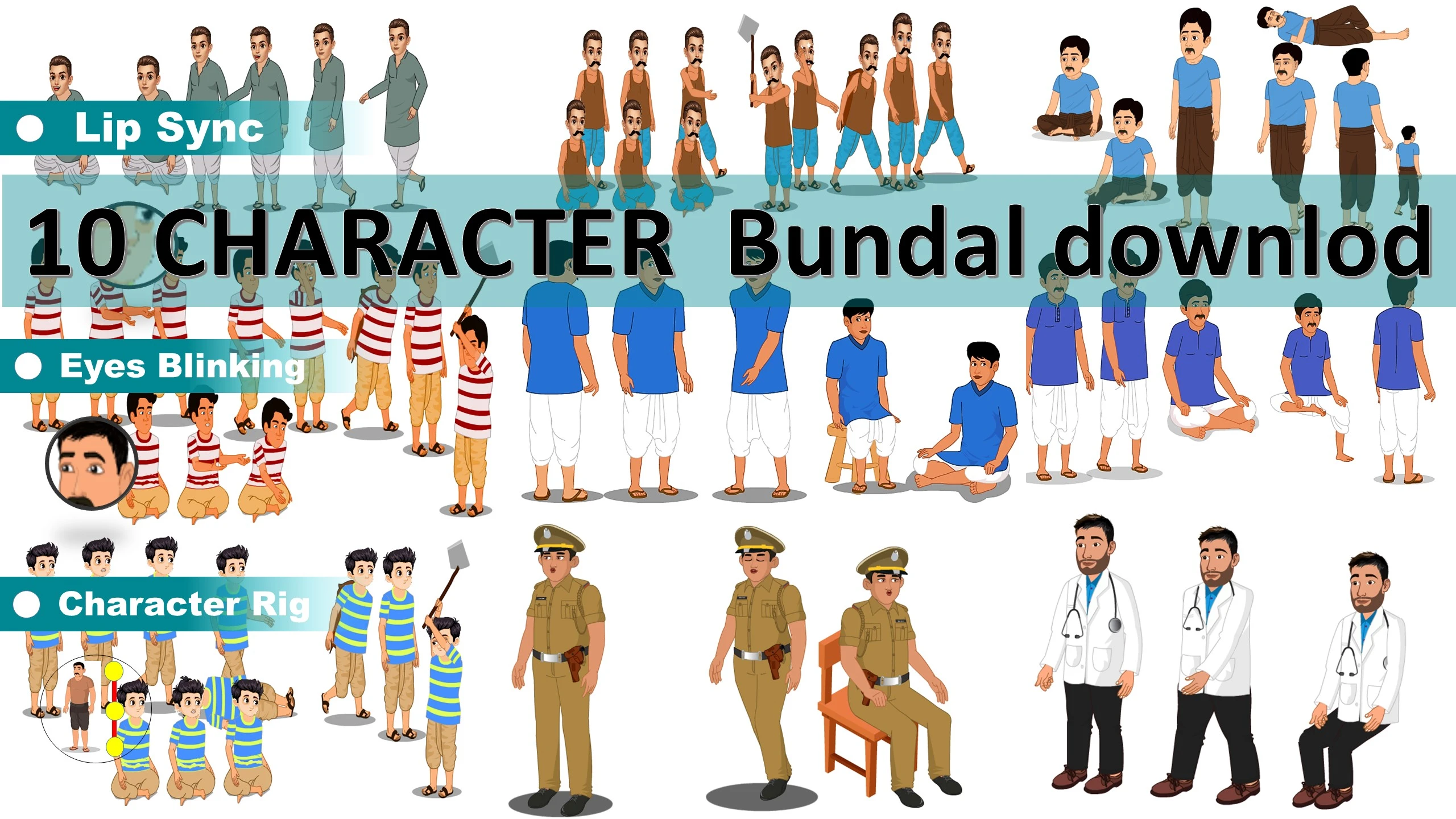 10 Male Cartoon Character Bundle for Adobe Animate CC β Ready-to-Rig & Animated Characters