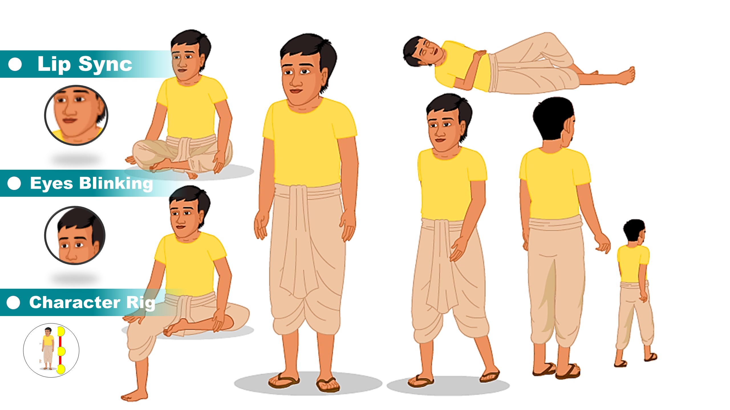 Man Yellow T-Shirt and Dhoti Cartoon Character for Adobe Animate CC β Rigged Character Download