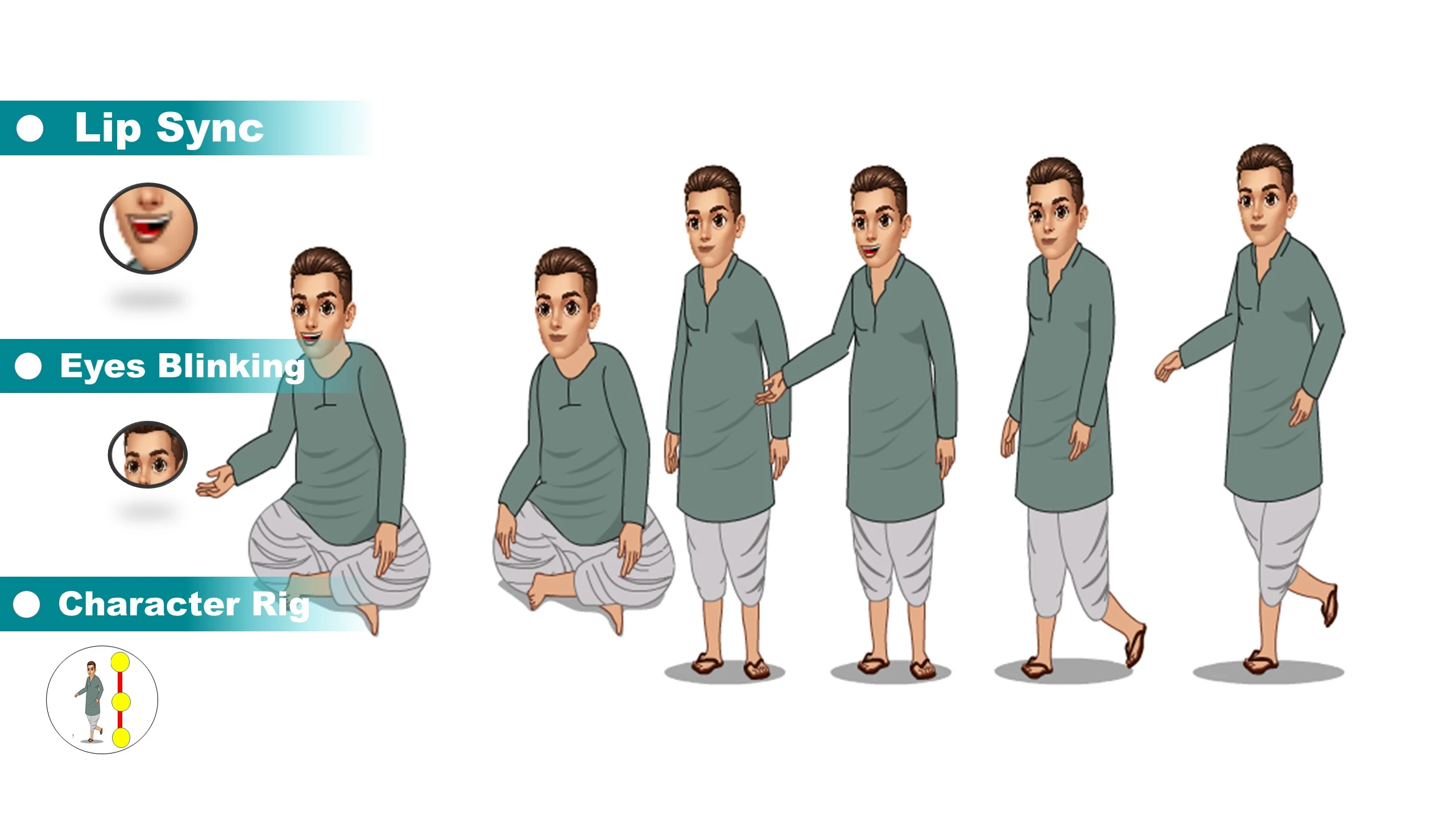 Indian Farmer Man Dhoti Kurta Cartoon Character for Adobe Animate CC | Rigged Character Download