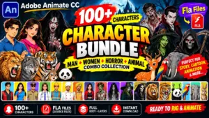 100+ Adobe Animate CC Cartoon Character Pack | Multipose Rigged 2D Characters