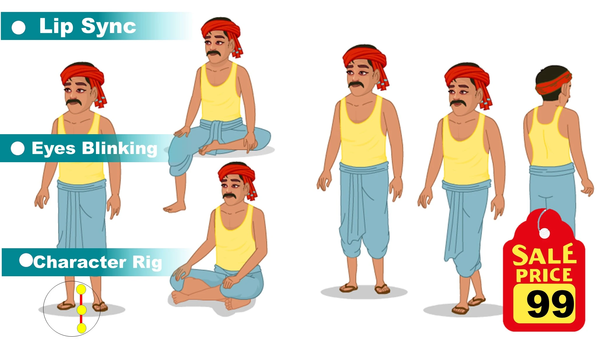 Indian Farmer Cartoon Character for Adobe Animate CC | Fully Rigged Body Parts Download